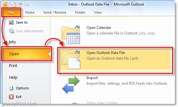 отворете папката си, която съдържа вашия архивен pst файл от Outlook 2010