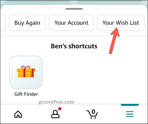 Отваряне на менюто на списъка с желания в приложението Amazon