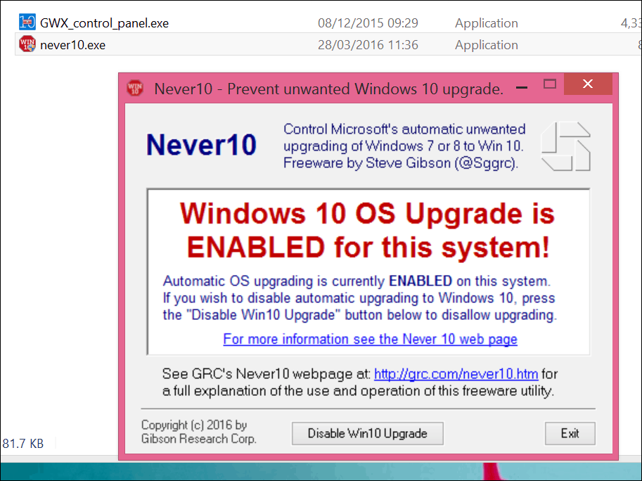 Спрете надстройката на Windows 10 с Never 10 или GWX App Itself