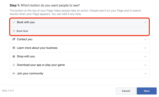 стъпка 1 за това как да добавите CTA за срещи към Facebook страницата