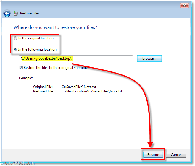 Резервно копие на Windows 7 - изберете местоназначение за възстановените файлове