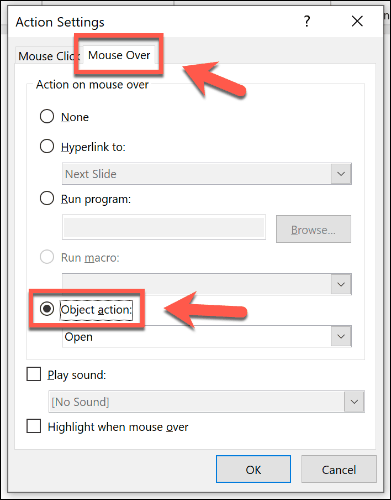Задаване на обект за отваряне с мишката в PowerPoint