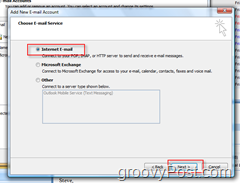 Създайте нов пощенски акаунт в Outlook 2007:: Интернет бутон за радио по електронната поща
