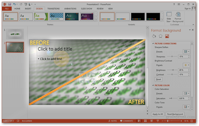 Шаблон за Office 2013 Създайте Направете персонализиран дизайн POTX Персонализирайте ръководството за слайдове за слайдове Как преди след Сравнение Сравнение Изображение Променяне на екрана Редактиране на изображения Снимки Фон