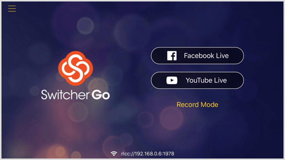 Екран Switcher Go, където можете да свържете акаунтите си във Facebook и YouTube