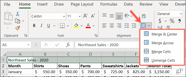 Обединяване на опции в Excel