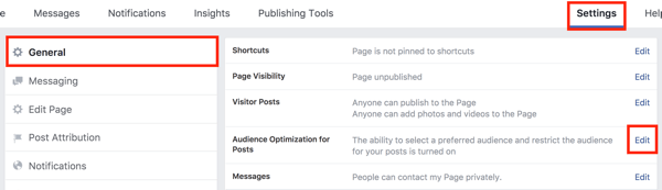 В настройките на страницата си във Facebook щракнете върху бутона Редактиране вдясно от опцията Оптимизиране на публика за публикации.