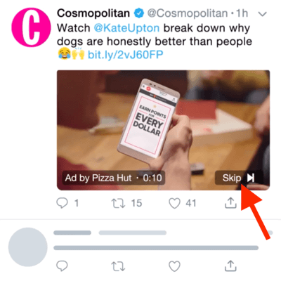 Пример за видеореклама в Twitter с опция за пропускане на рекламата след 6 секунди.