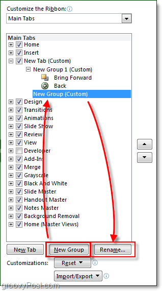 преименувайте раздели и групи в лента в офиса 2010