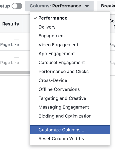 Опцията за персонализиране на колони във Facebook Ads Manager