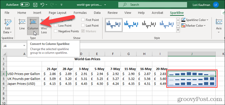 Промяна на типа Sparkline в Excel