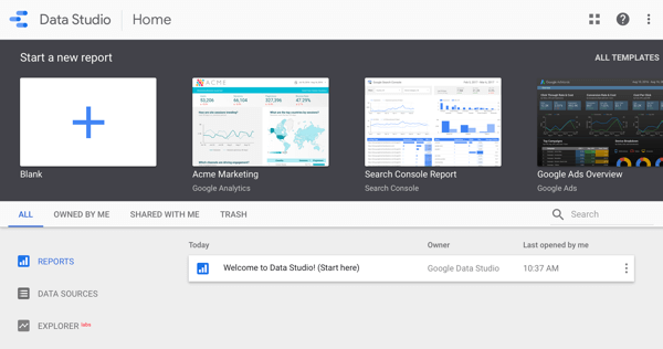 Използвайте Google Data Studio, стъпка 1.