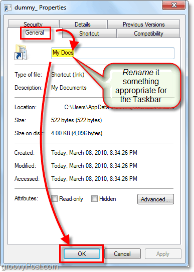 преименувайте бърз достъп до лентата на задачите на Windows 7