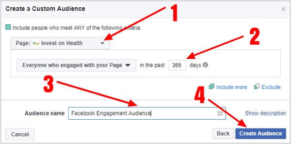 Попълнете подробностите, за да създадете персонализирана аудитория за ангажиране на вашата страница във Facebook.