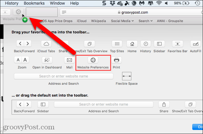 Добавете бутона Предпочитания за уебсайтове към лентата с инструменти в Safari за Mac