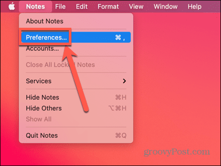 изберете Предпочитания в Notes на Mac