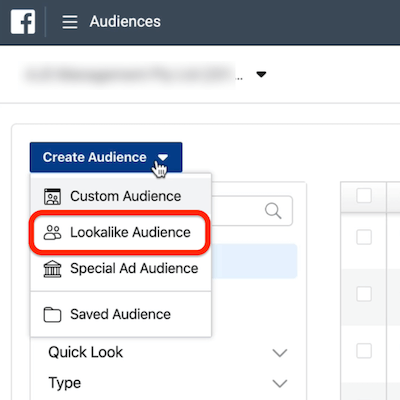 екранна снимка на опцията Lookalike Audience, закръглена в падащото меню Създаване на аудитория в Ads Manager