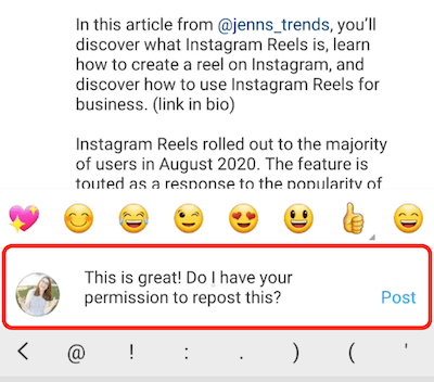 instagram post пример коментар отговор комплимент и молба за разрешение за повторно публикуване на съдържанието