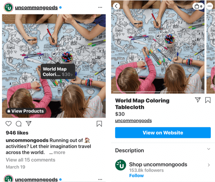 скрийншотове, показващи етикет на instagram, добавен към публикация на продукт, който може да се пазарува, както и страница на магазина на продукта, след като е избран маркер на публикация