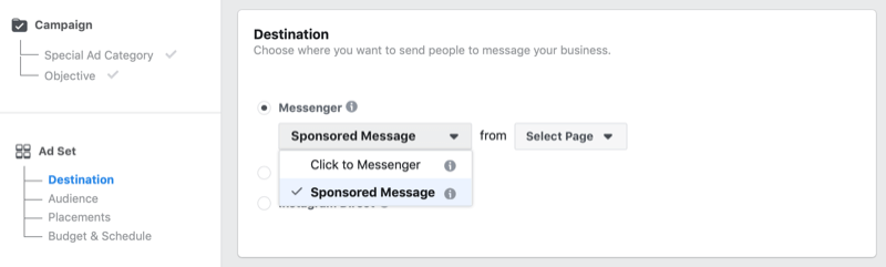 Опция за спонсорирано съобщение от Facebook във Facebook Ads Manager