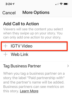 Възможност за избор на IGTV Video Link, която да добавите към историята си в Instagram.