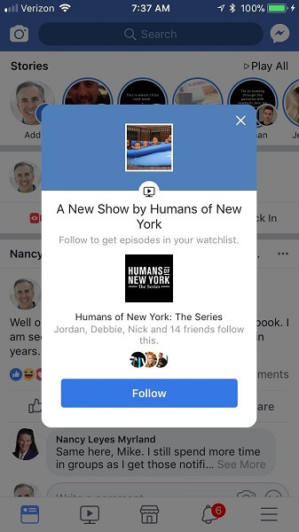 Facebook предупреждава мобилните потребители, когато са достъпни нови епизоди за гледане.