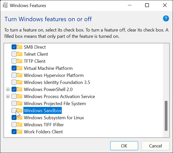 Премахнете отметката от Windows Sandbox