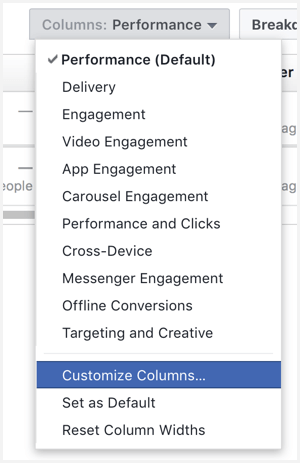 мениджър на реклами във Facebook персонализирайте колони