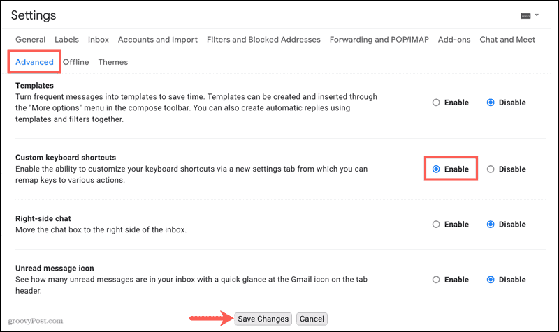 Настройки на Gmail, Разширени, Активиране на персонализирани клавишни комбинации