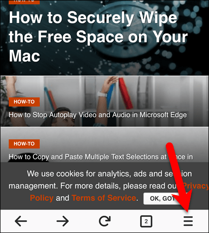 Докоснете бутона на менюто на Firefox в Firefox за iOS