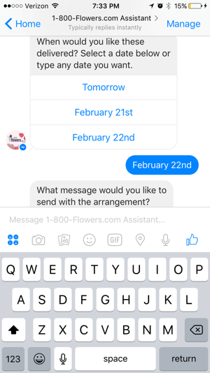 Клиентите не само могат да избират продукти, но също така могат да планират доставка и да въвеждат информация за фактуриране чрез чат-бота 1-800-Flowers.