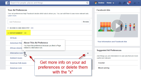 изтриване на категории за предпочитания за реклами във Facebook