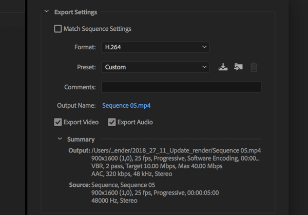 Настройка за експортиране на вашето Adobe Premier Pro видео с Формат, зададен на H.264.