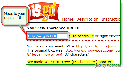 is.gd скрийншот за скъсяване на URL адрес - копирайте новия кратък URL адрес