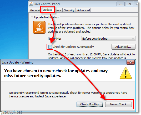 Снимка на екрана: Windows 7 деактивира проверките на актуализацията на Java