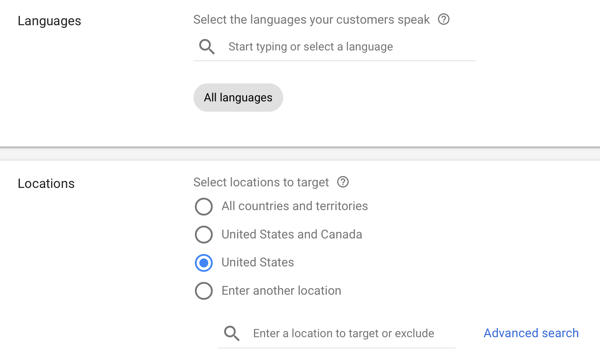 Как да настроите рекламна кампания в YouTube, стъпка 12, задайте опции за показване на език и местоположение