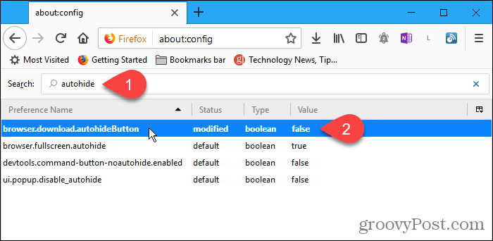 Щракнете двукратно върху настройката за конфигуриране на autohideButton във Firefox