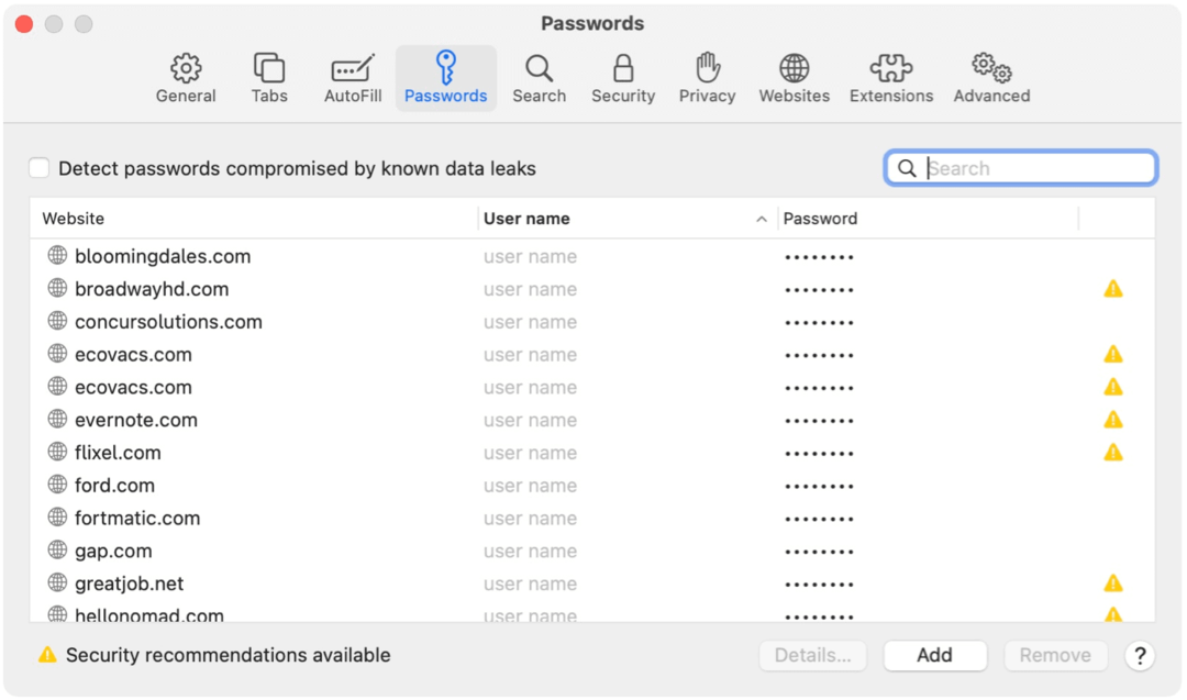 Примери за Safari за Mac парола