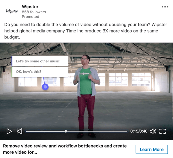 Как да създадете реклами, базирани на обекти, LinkedIn, спонсорирана проба от видеореклама от Wipster