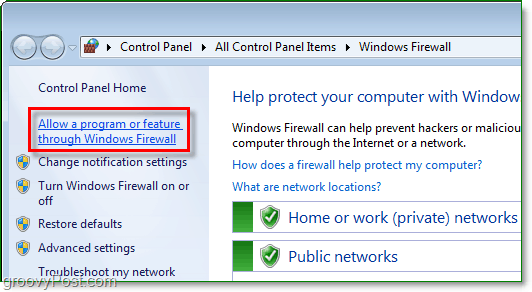 позволете програма или функция през защитната стена на Windows 7