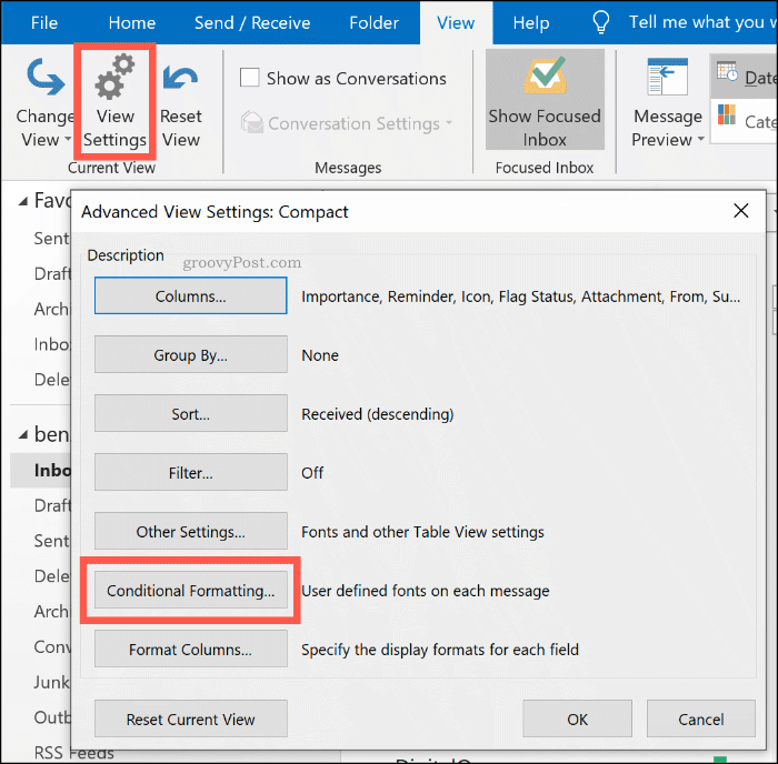 Бутон Опции за условно форматиране в Microsoft Outlook