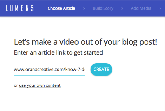 Добавете URL адреса на публикацията в блога, от която искате да създадете видеоклип Lumen5.