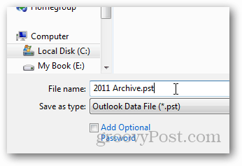 как да създадете pst файл за Outlook 2013 - име pst