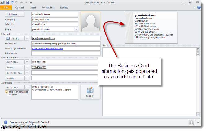 Създайте vCard в Outlook 2010