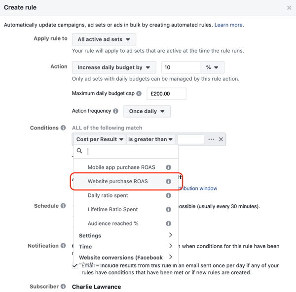 Използвайте автоматизирани правила на Facebook, увеличете бюджета, когато ROAS е по-голяма от 2, стъпка 3, задайте условия