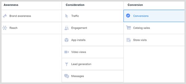 във facebook мениджъра на рекламите, таблицата с рекламните цели, които виждате, със заглавия на колоните, осведоменост, разглеждане и преобразуване опциите за ангажираща реклама са в графата за разглеждане.