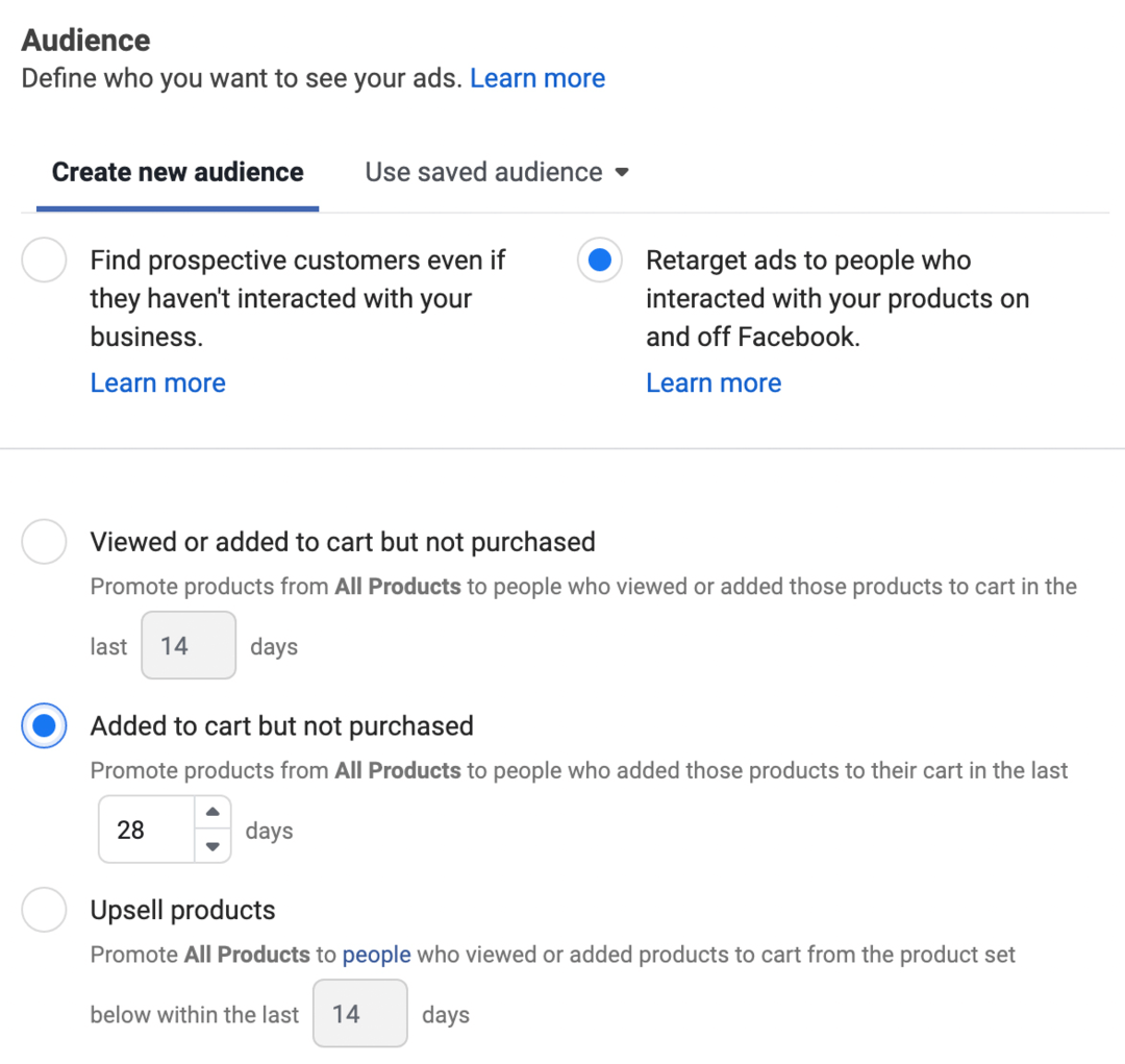 изображение на реклами за повторно насочване към хора, които са взаимодействали с вашите продукти във и извън Facebook, избрана в Ads Manager опция