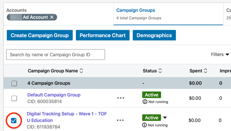 табло за управление на linkedin кампания с подчертаната нова група кампании