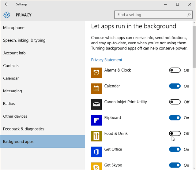 Изключете фоновите приложения Windows 10