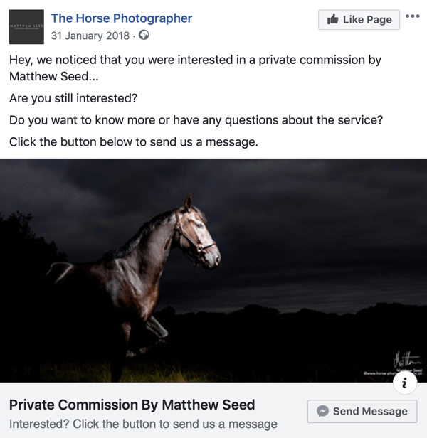 Как да конвертирате посетителите на уебсайта с реклами във Facebook Messenger, стъпка 3, пример за публикация от The Horse Photographer